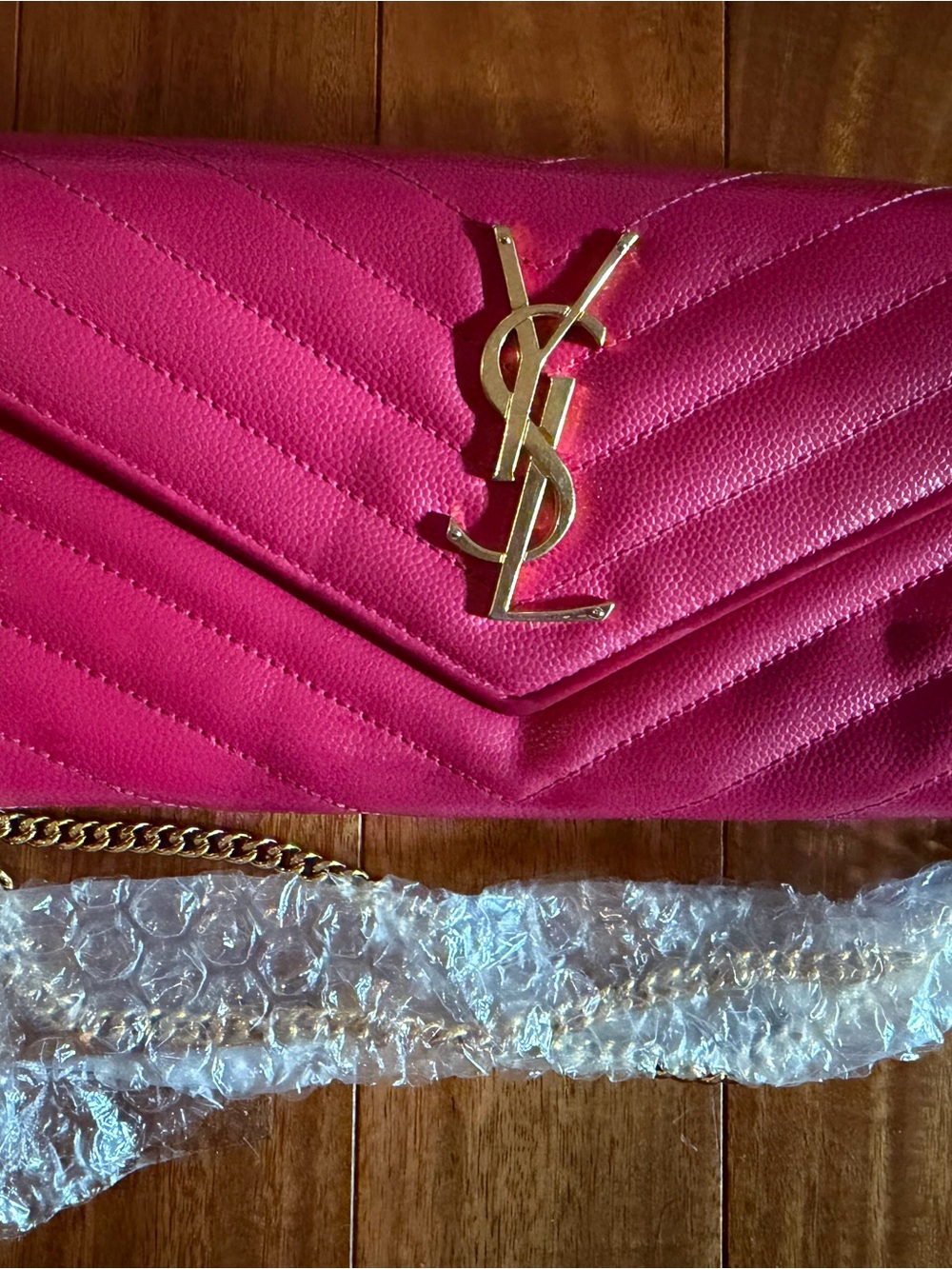 YSL Hot Pink Clutch with gold chain